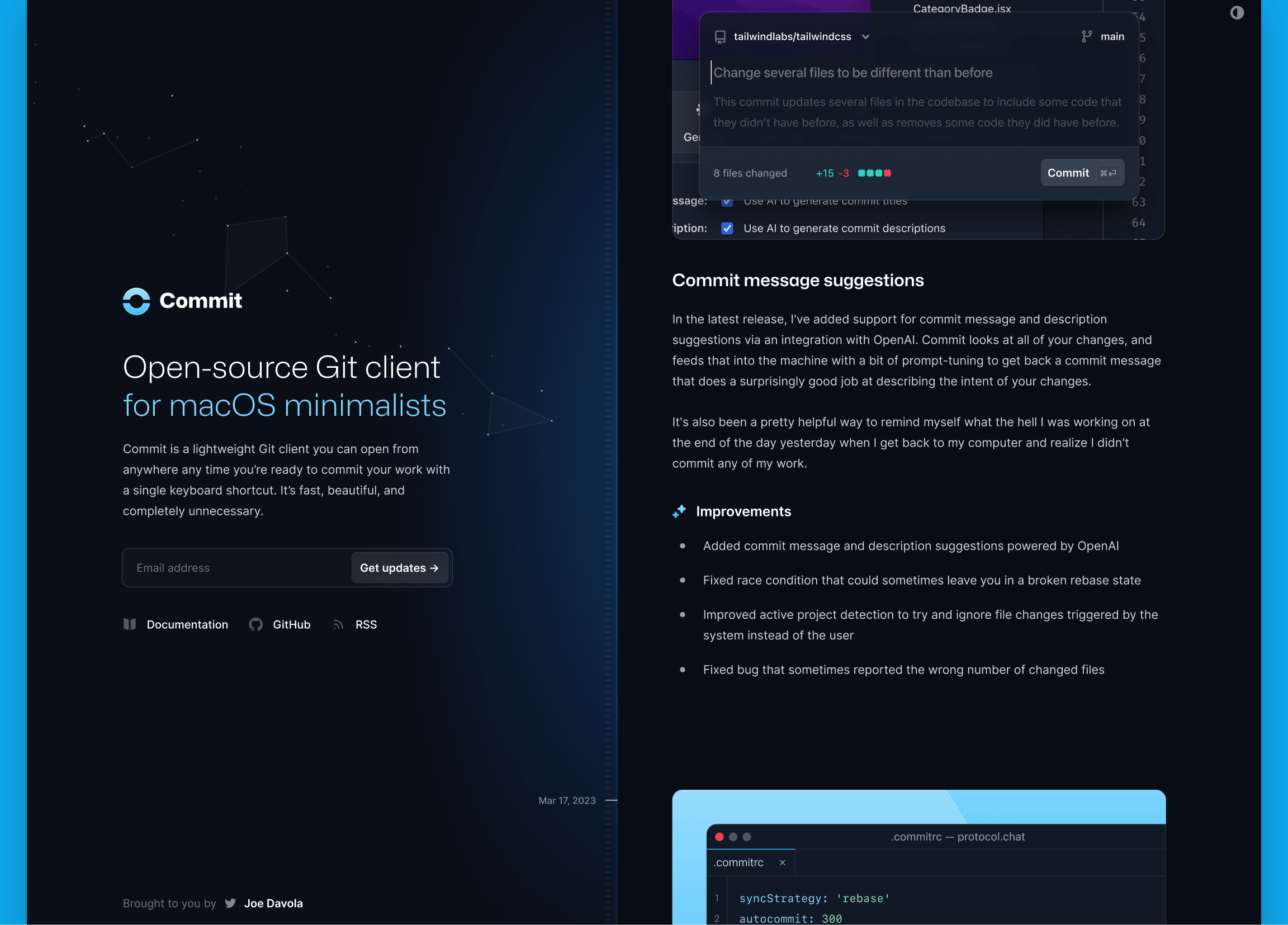 La plantilla Commit en modo oscuro, parcialmente desplazada hacia abajo para revelar una segunda publicación