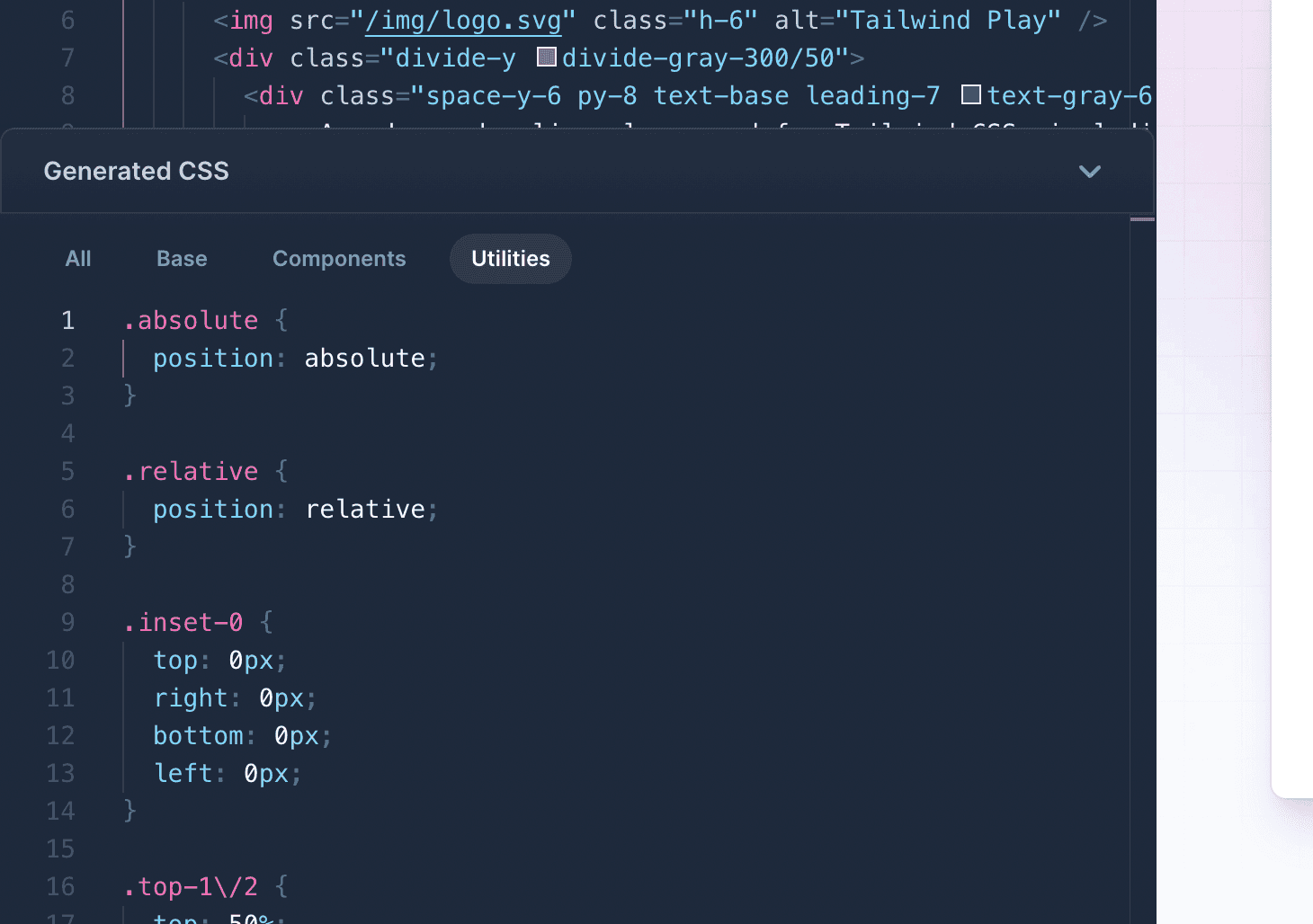 Interfaz de Tailwind Play con un panel que muestra el CSS generado para ese playground.