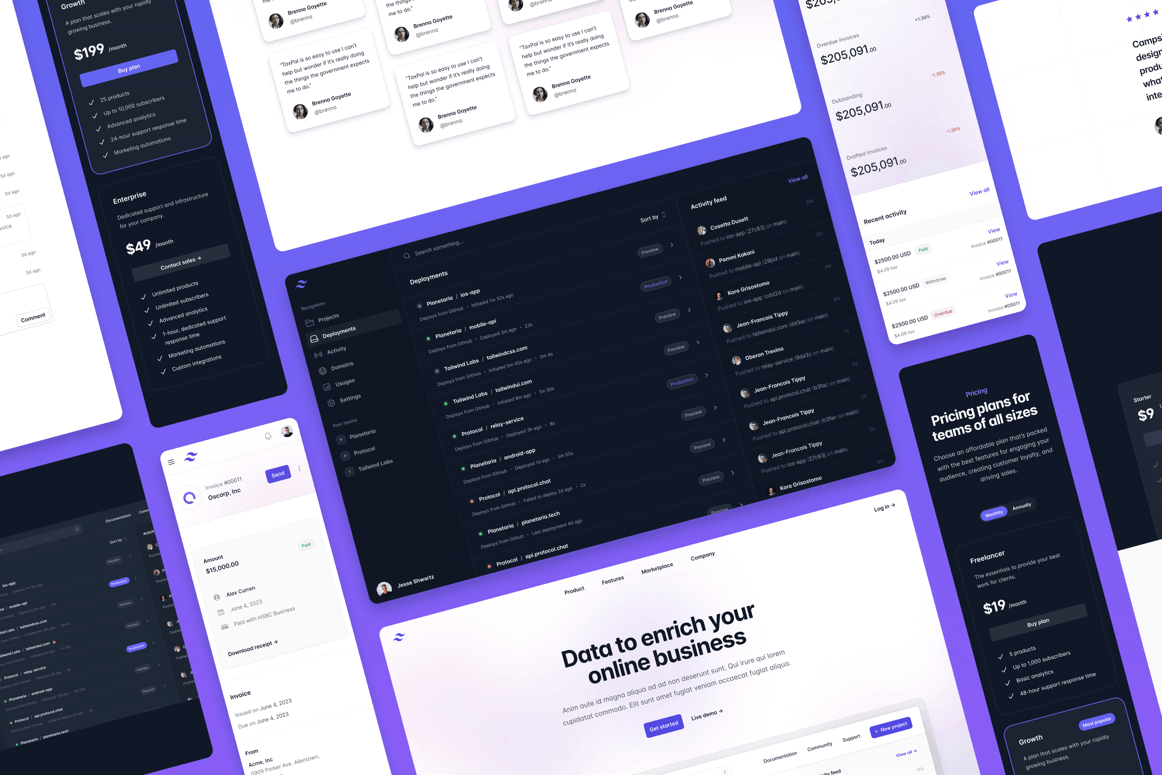 Un collage de ejemplos de páginas rediseñadas y componentes para Tailwind UI