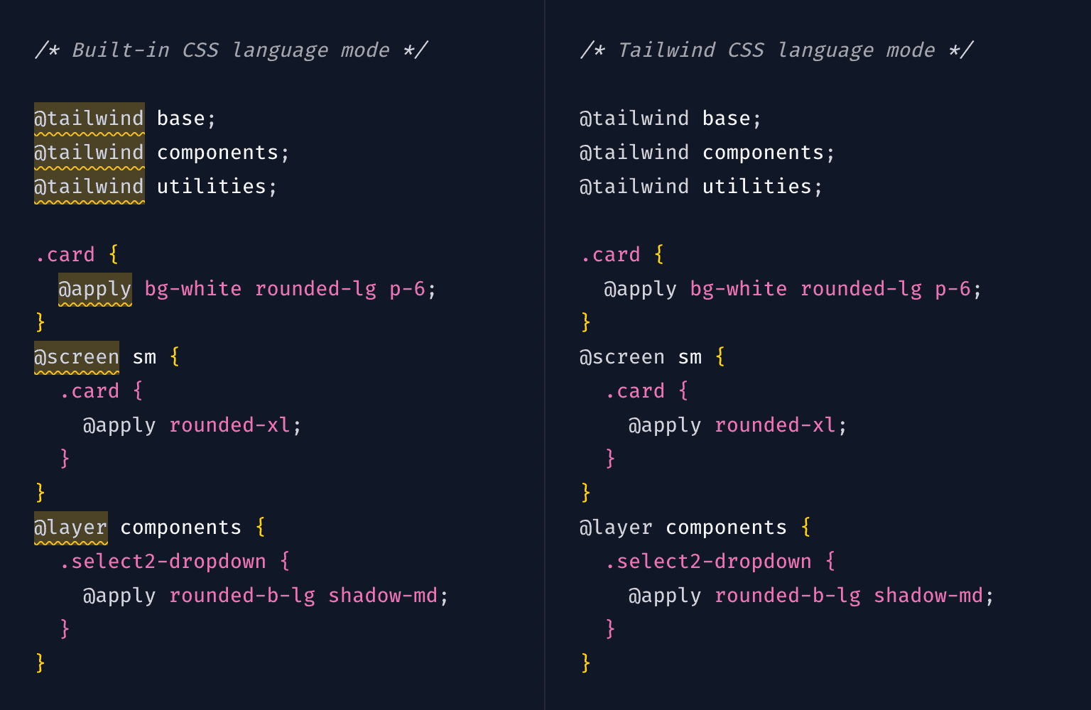 Código CSS de ejemplo que se muestra con advertencias de lint al usar un modo de lenguaje CSS incorporado, y sin advertencias de lint al usar el modo de lenguaje Tailwind CSS.
