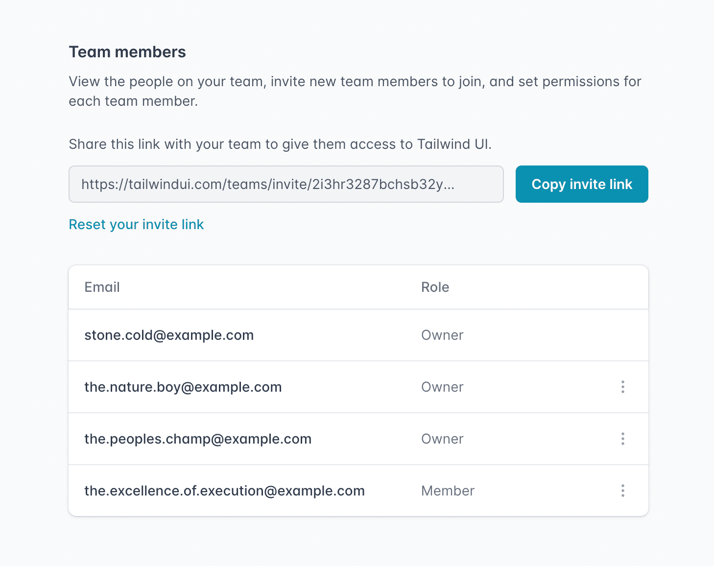 Interfaz con una URL de invitación copiable y lista de miembros del equipo